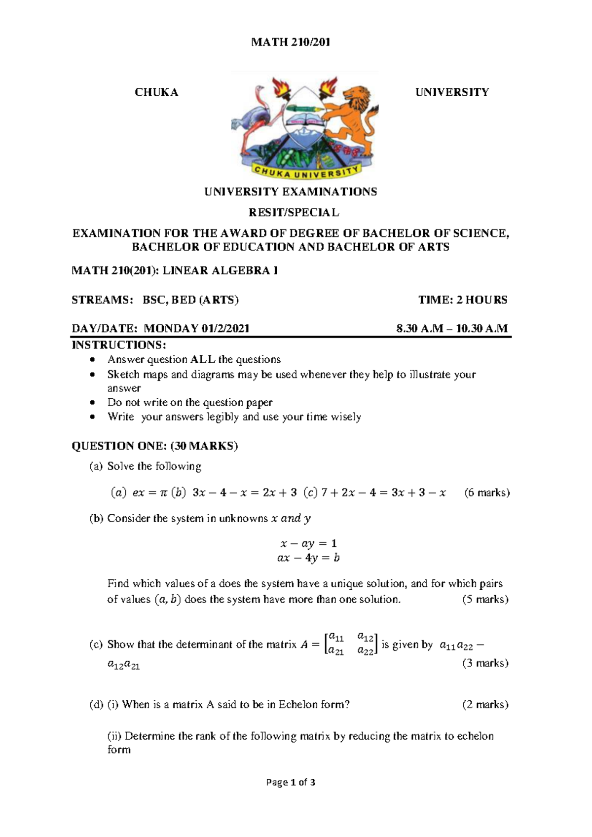 MATH 210(201): Linear Algebra Exam Paper - Chuka University - Studocu