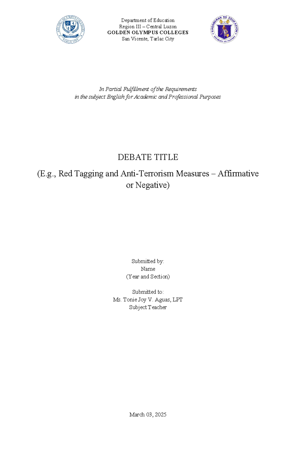 English for Academic and Professional Purposes Debate Format Guide ...