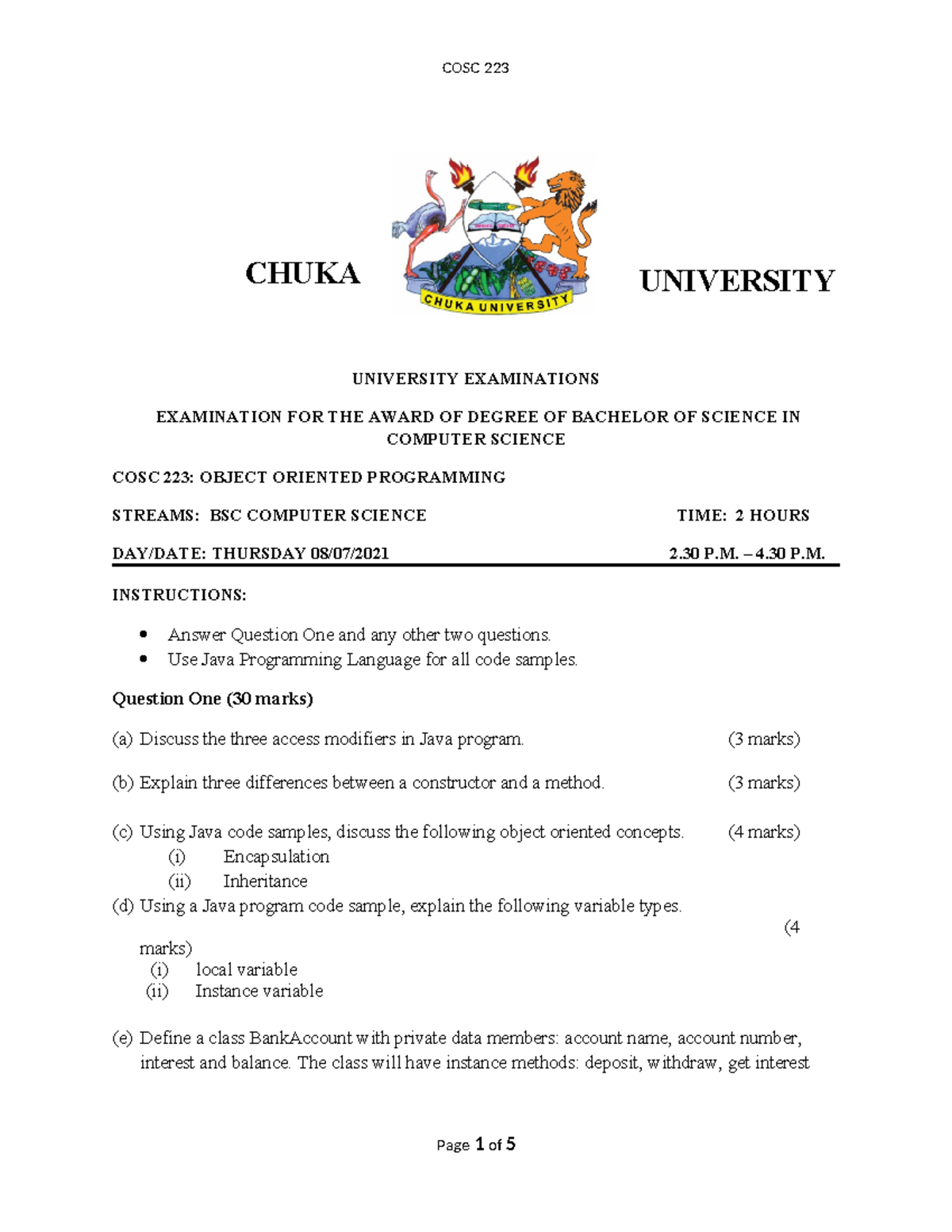 COSC 223 - Object Oriented Programming Assignment Guidelines - Studocu