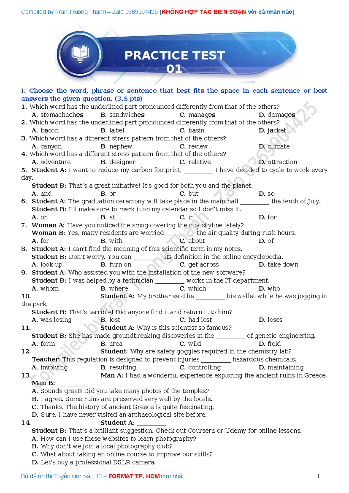 PRACTICE TEST 01 - TP.HCM 2026 - ĐỀ THI TUYỂN SINH VÀO 10 - Studocu