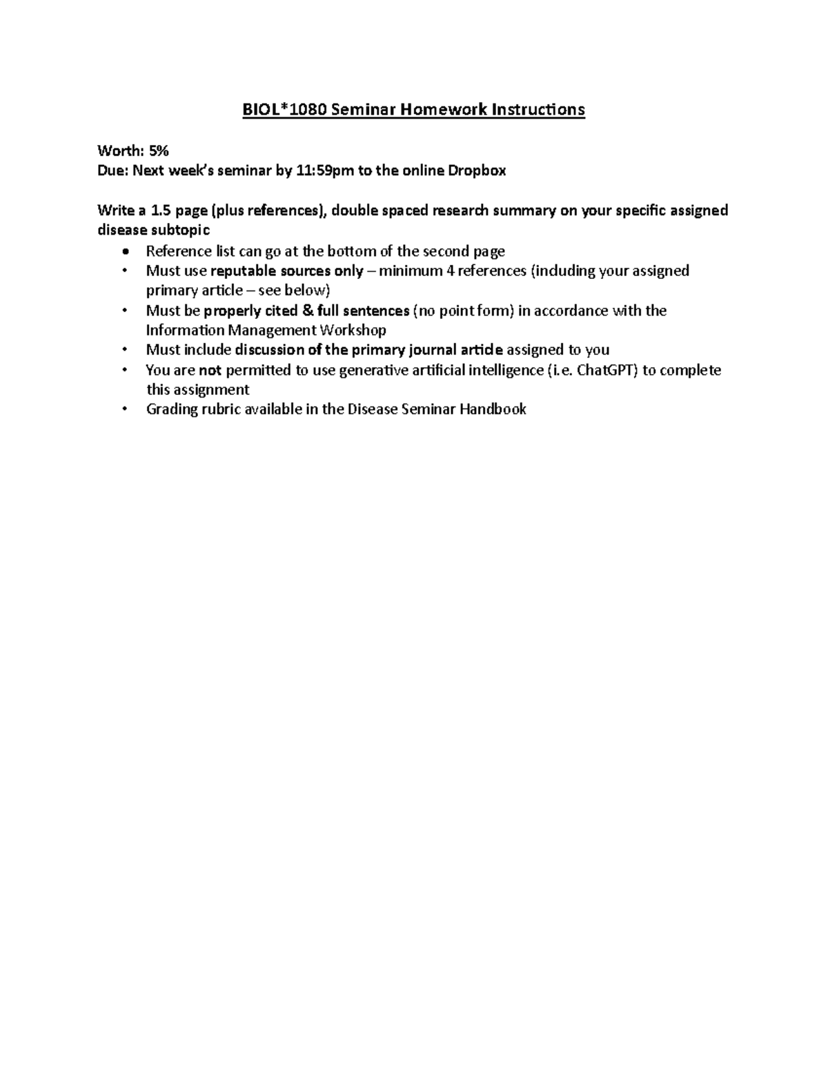 BIOL 1080 Seminar Homework Instructions - BIOL*1080 Seminar Homework ...