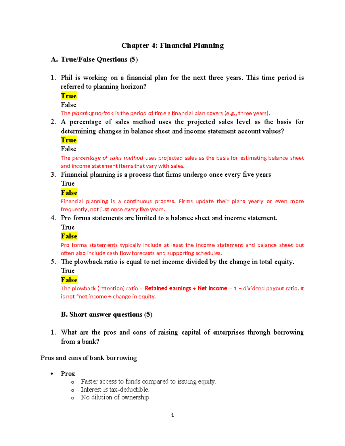 Chapter 4: Financial Planning - Key Concepts and Questions - Studocu