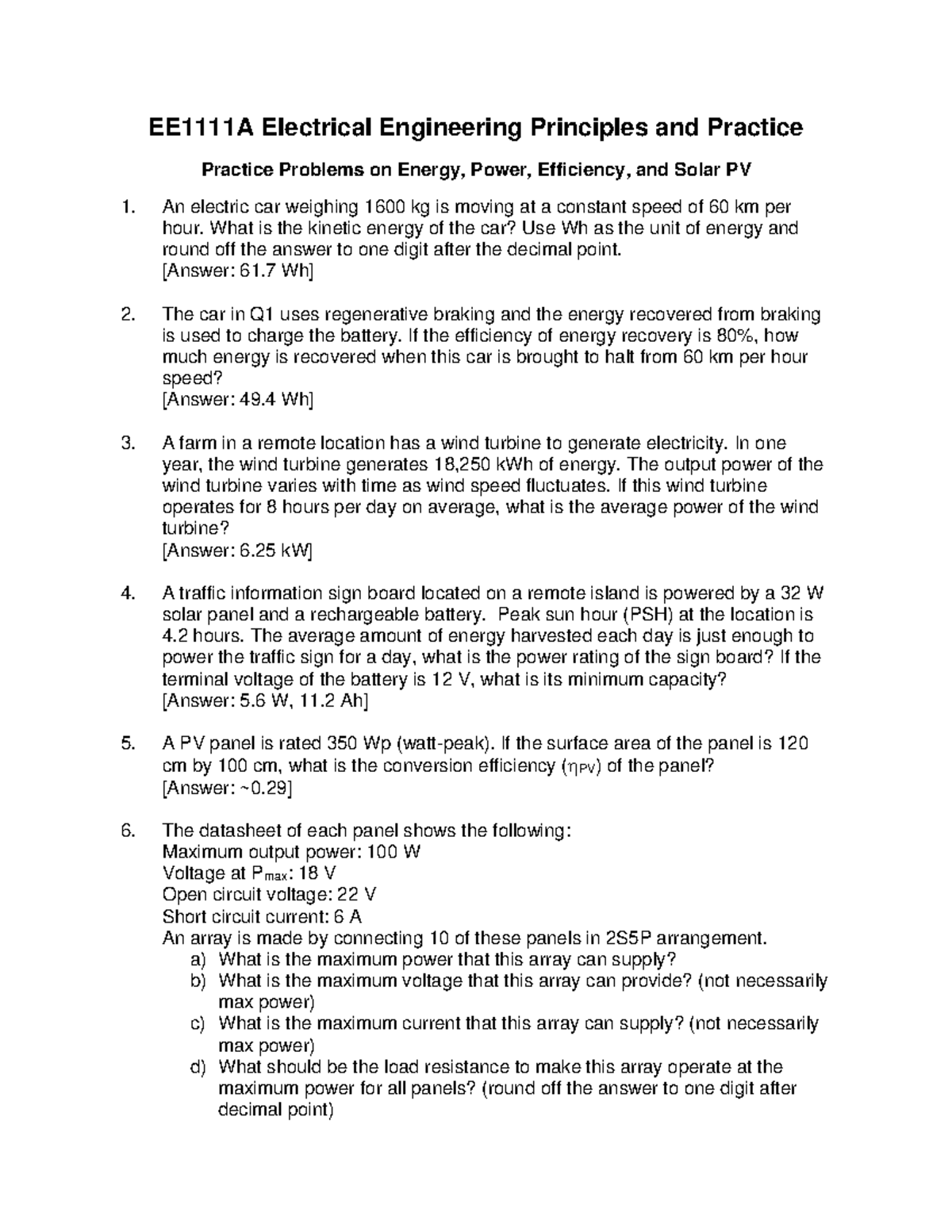 EE1111A Practice Problems on Energy, Power & Solar PV Concepts - Studocu
