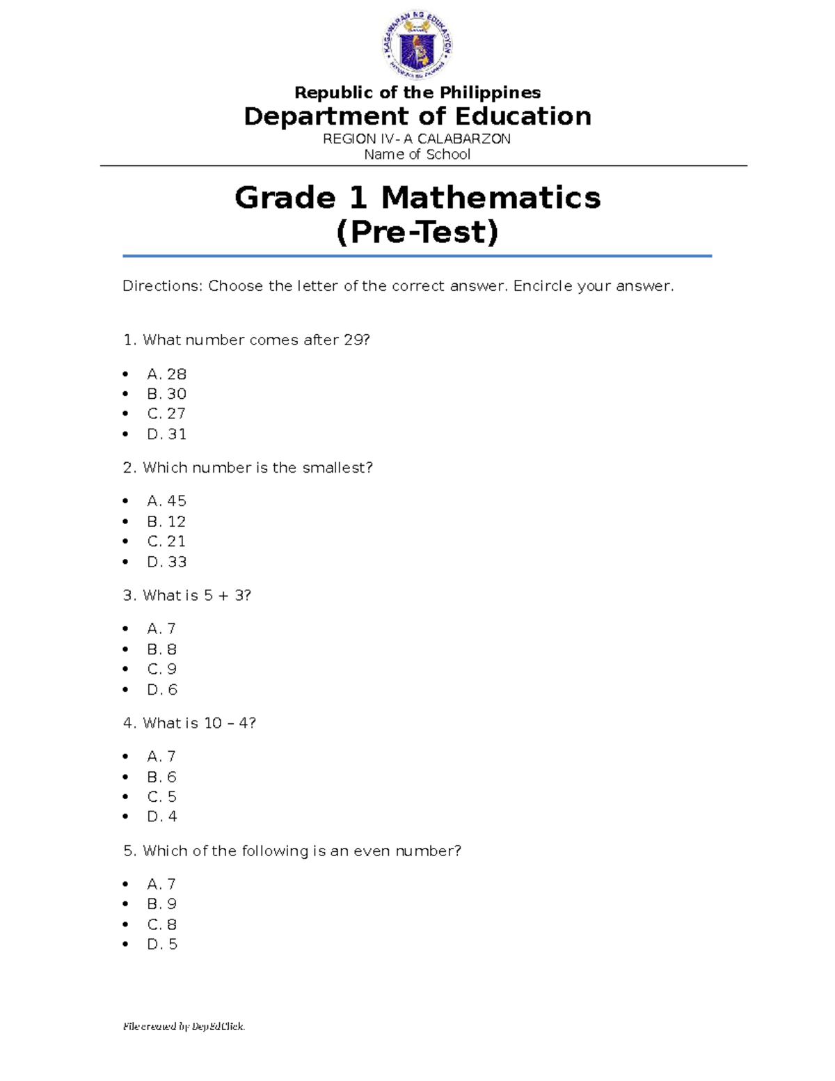 Grade 1 Math Pre-Test (DepEd) - CALABARZON Region - Studocu