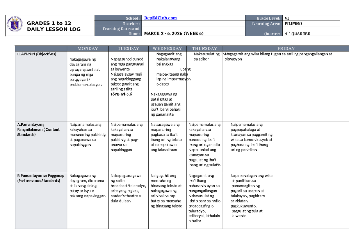 DTC DLL Filipino 6 4th Quarter Week 6 Lesson Log - Studocu