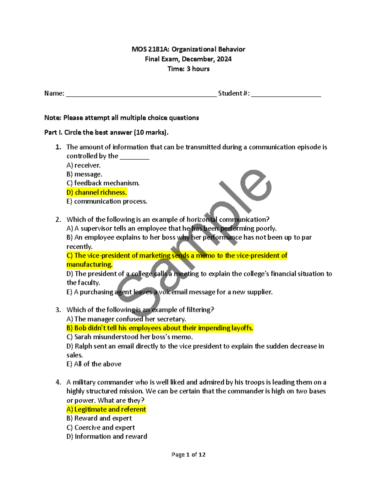 MOS 2181A: Organizational Behavior Final Exam Sample Questions and ...