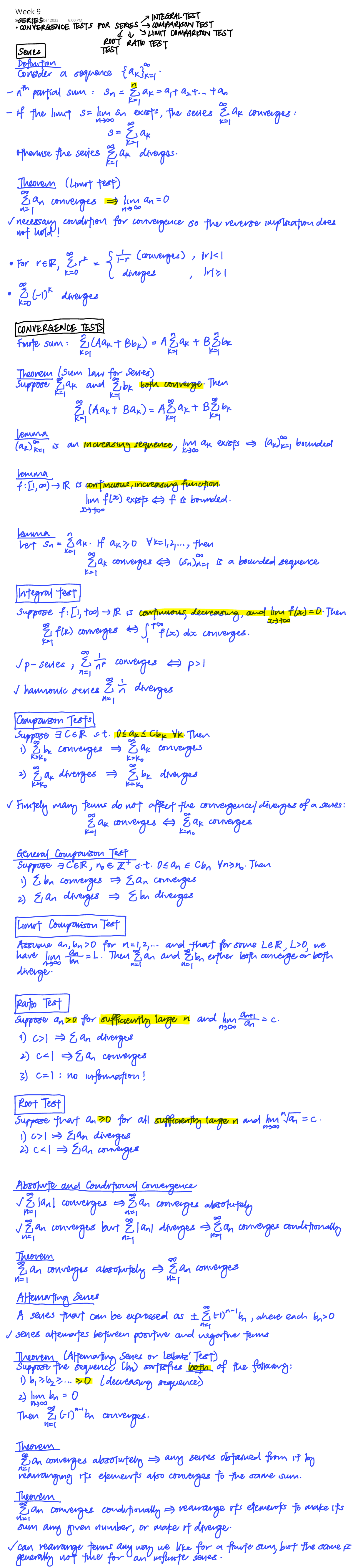 Week 9 - week 9 notes - Week INTEGRAL TEST CONVERGENCE TESTS FOR SERIES ...