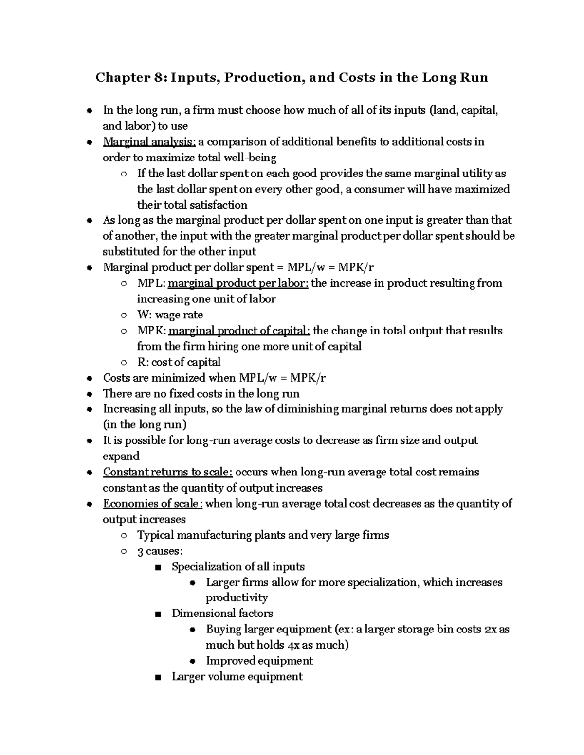 Chapter 8- Inputs, Production, and Costs in the Long Run - Studocu
