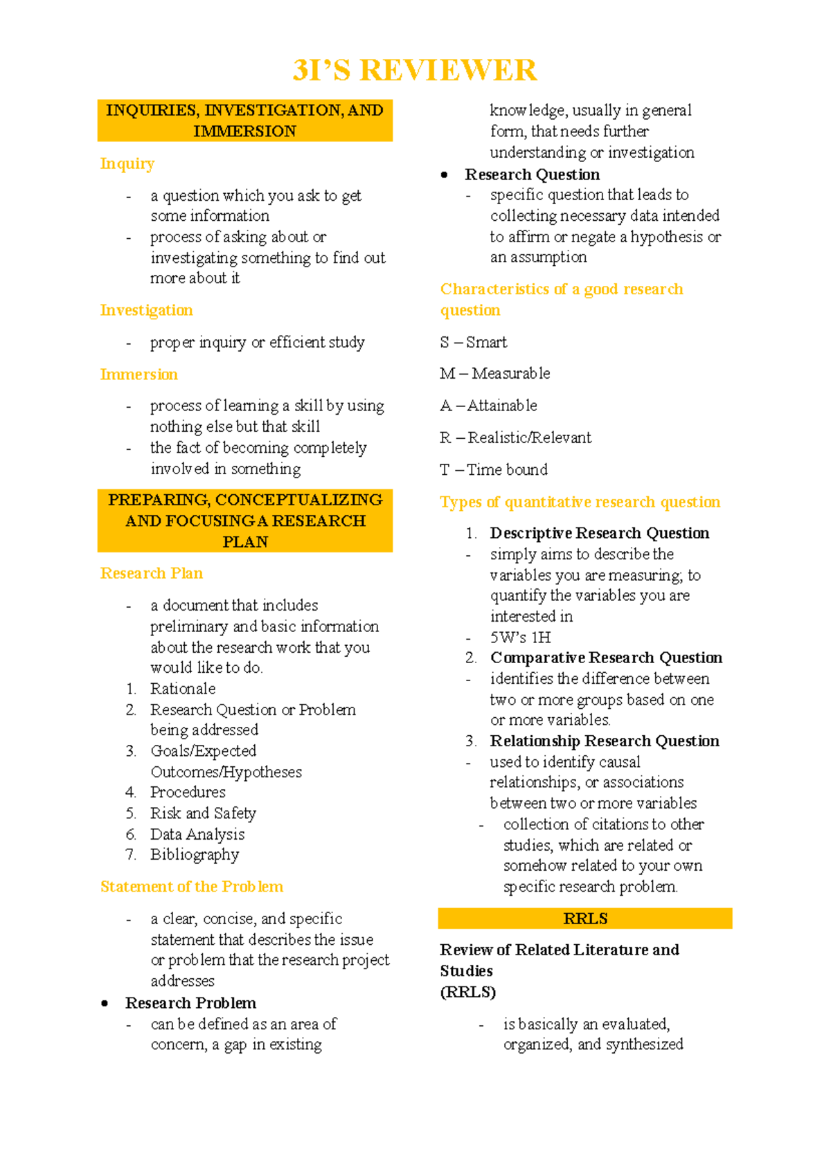3I's- Reviewer - sdjxyrjrs - INQUIRIES, INVESTIGATION, AND IMMERSION ...