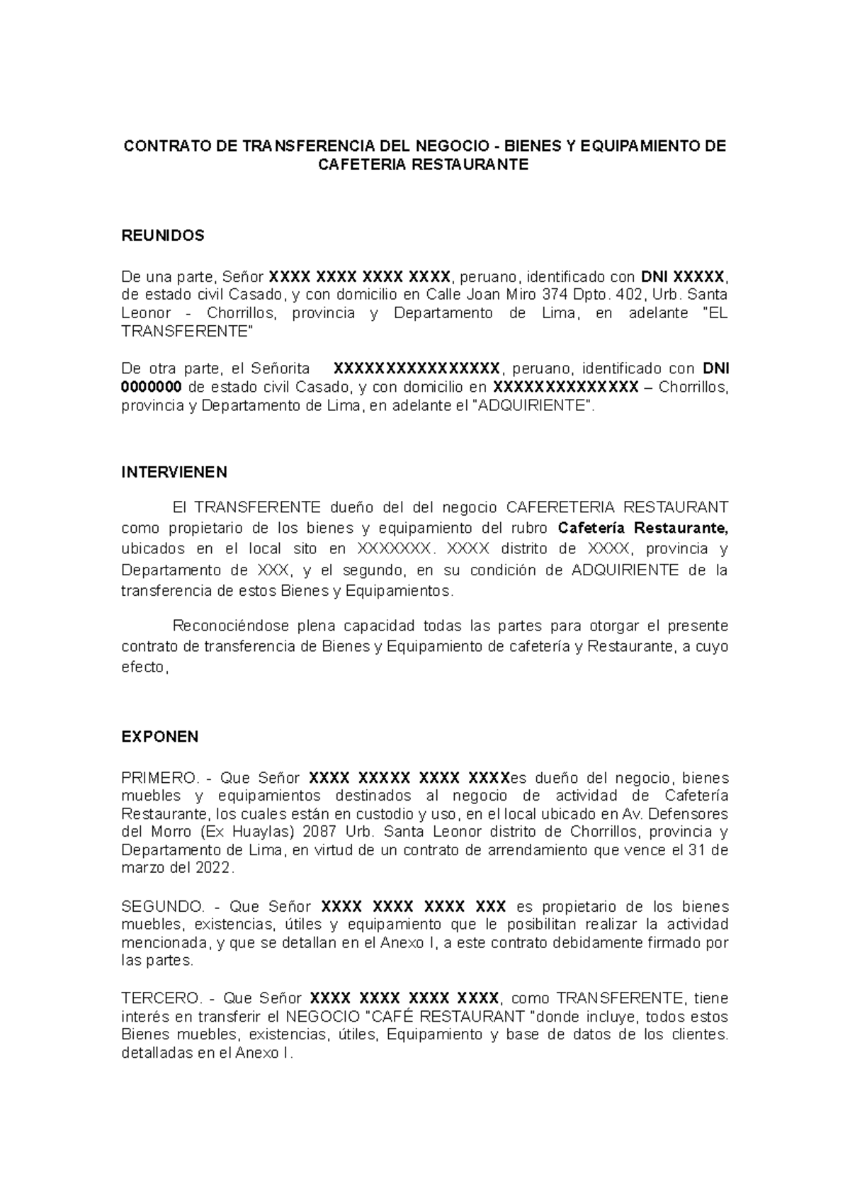 Contrato de Transferencia de Negocio y Equipamiento de Cafetería - Document Preview