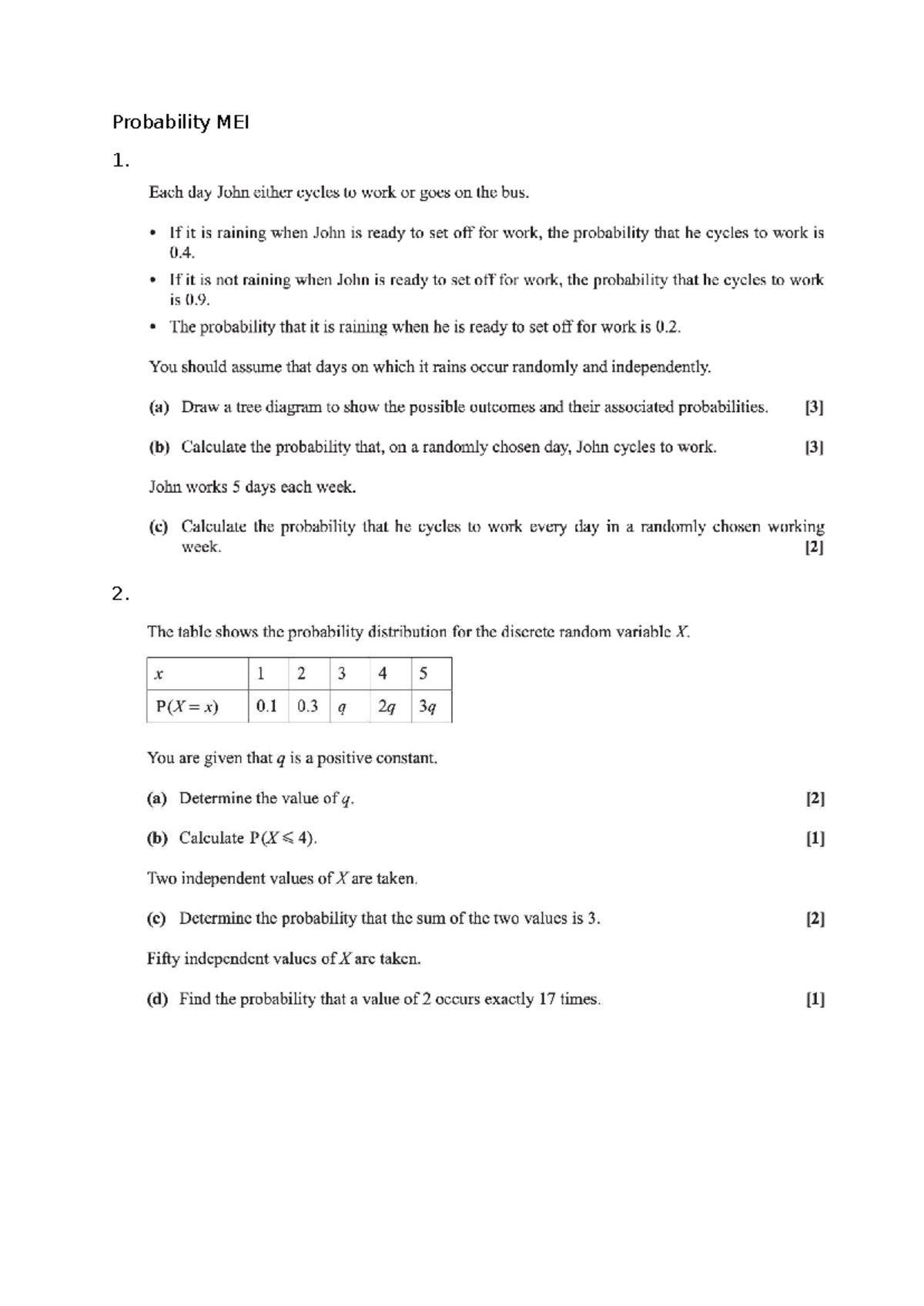 Probability MEI - John’s Cycling and Random Variables Analysis - Studocu