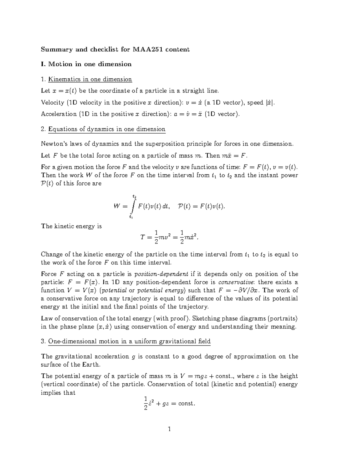 MAA251 Summary and Checklist: Motion and Dynamics - Studocu