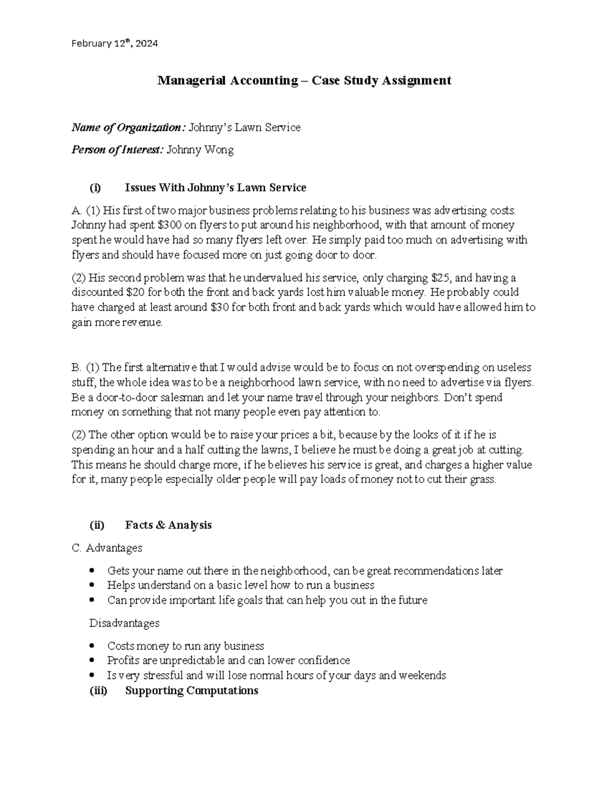 Managerial Accounting - Case Study of Johnny's Lawn Service 2024 - Studocu