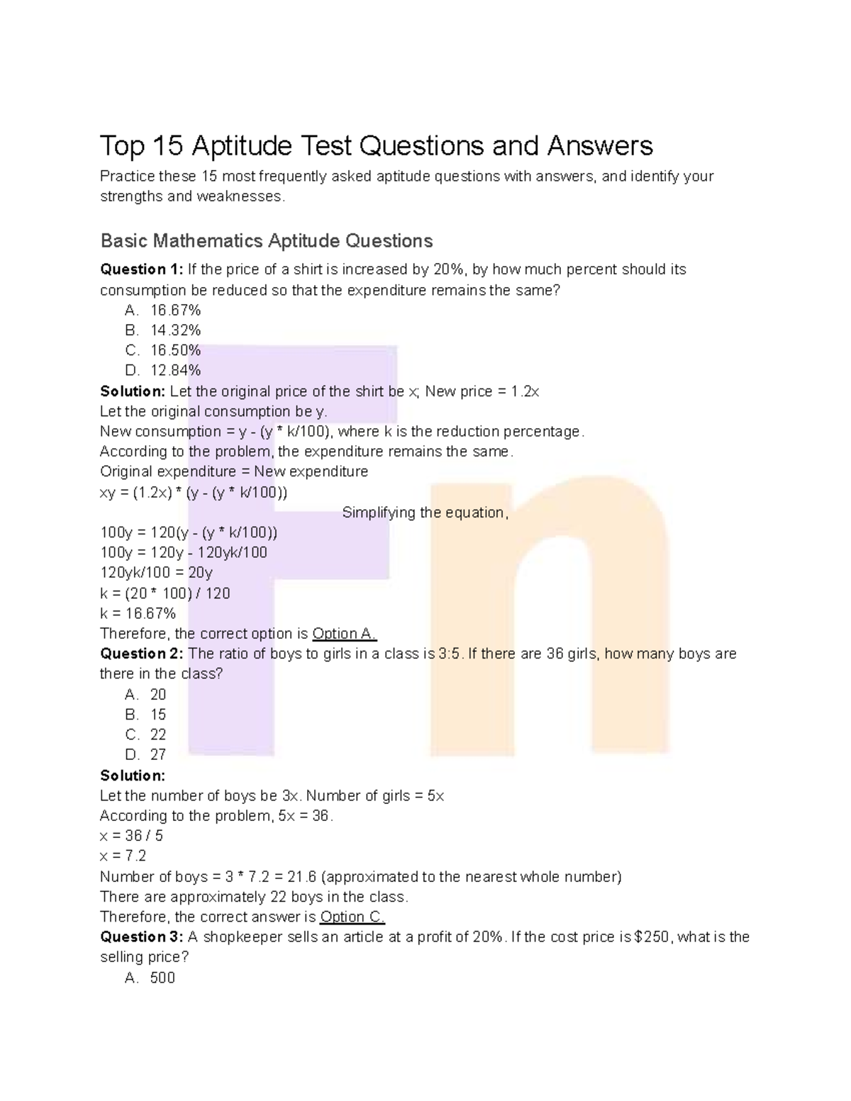 Aptitude Test Questions &amp; Answers (PDF5) - Practice &amp; Solutions - Studocu