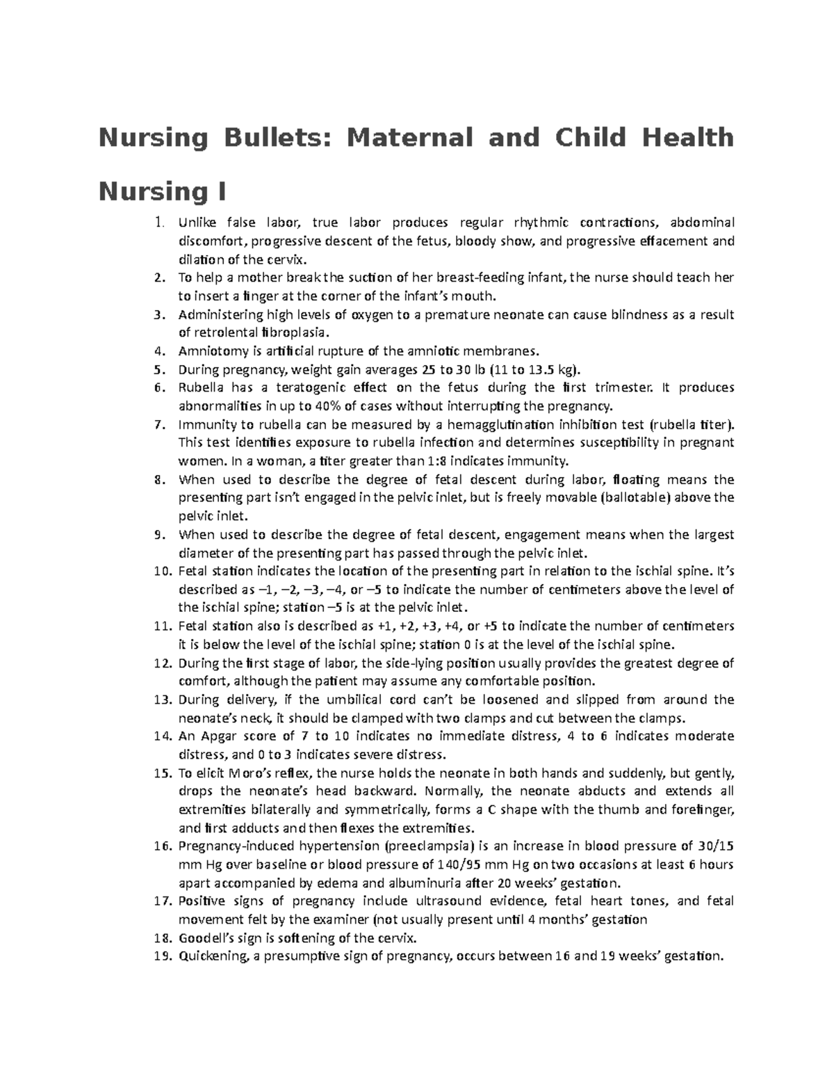 Maternal and Child Health Nursing I: Key Study Bullets for Exams - Studocu