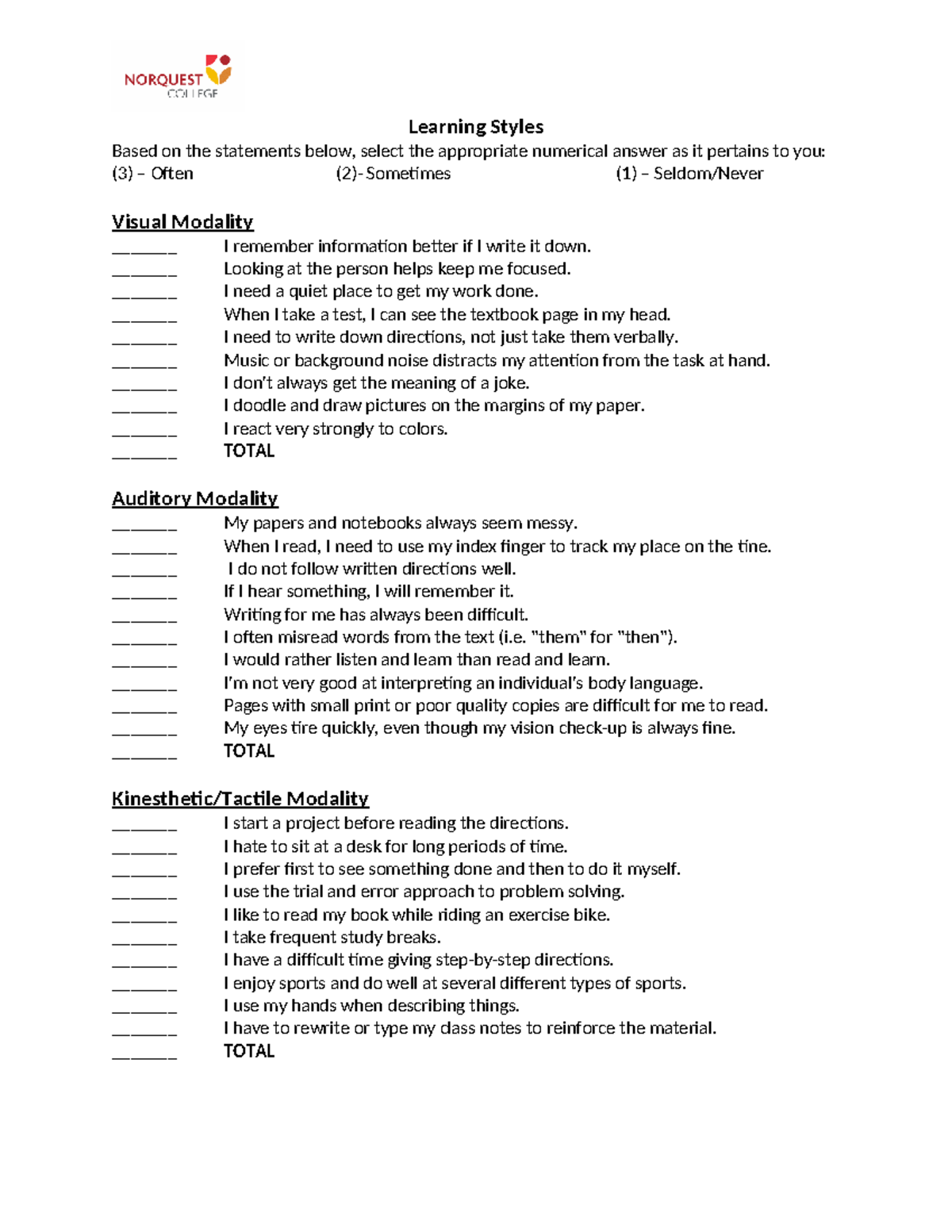 Learning Styles Assessment: Visual, Auditory, and Kinesthetic - Studocu