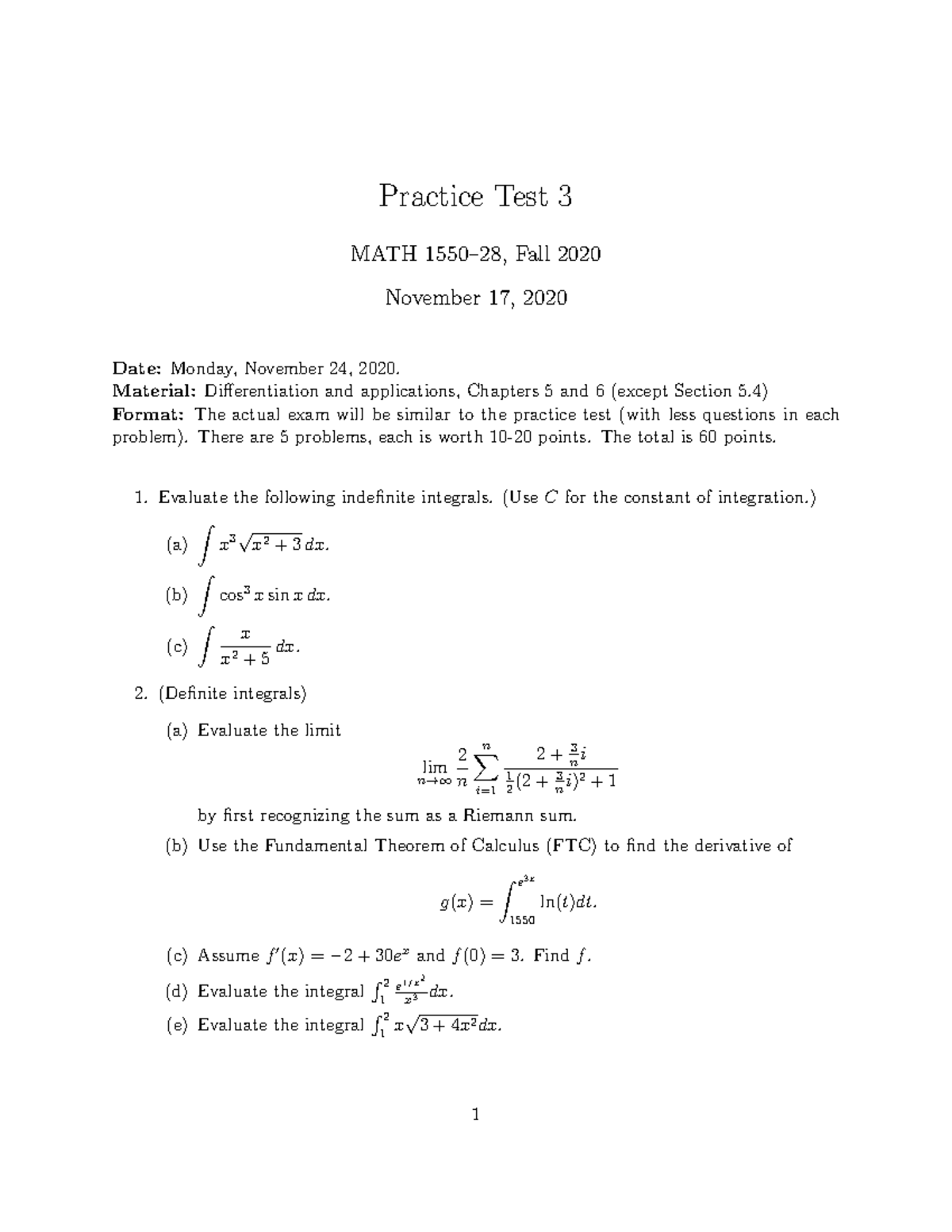 MATH 1550-28 Exam 3 Practice - Differentiation & Applications - Studocu