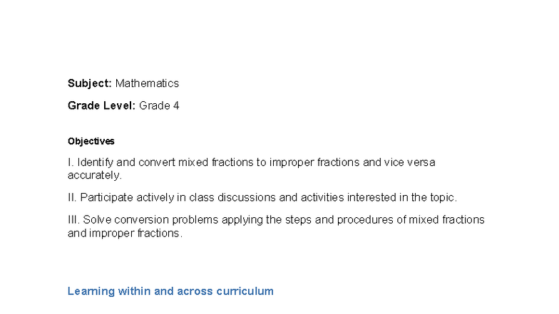 Mathematics Lesson Plan: Converting Mixed & Improper Fractions (Grade 4 ...
