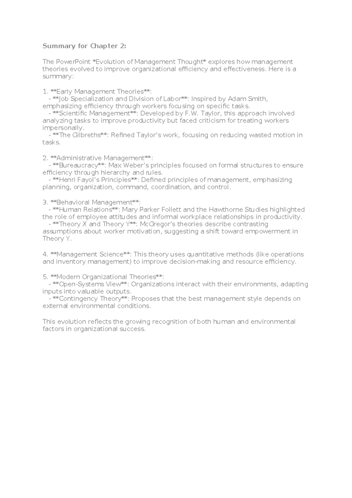 (MGT 420) Summary of Chapter 2: Evolution of Management Theories - Studocu