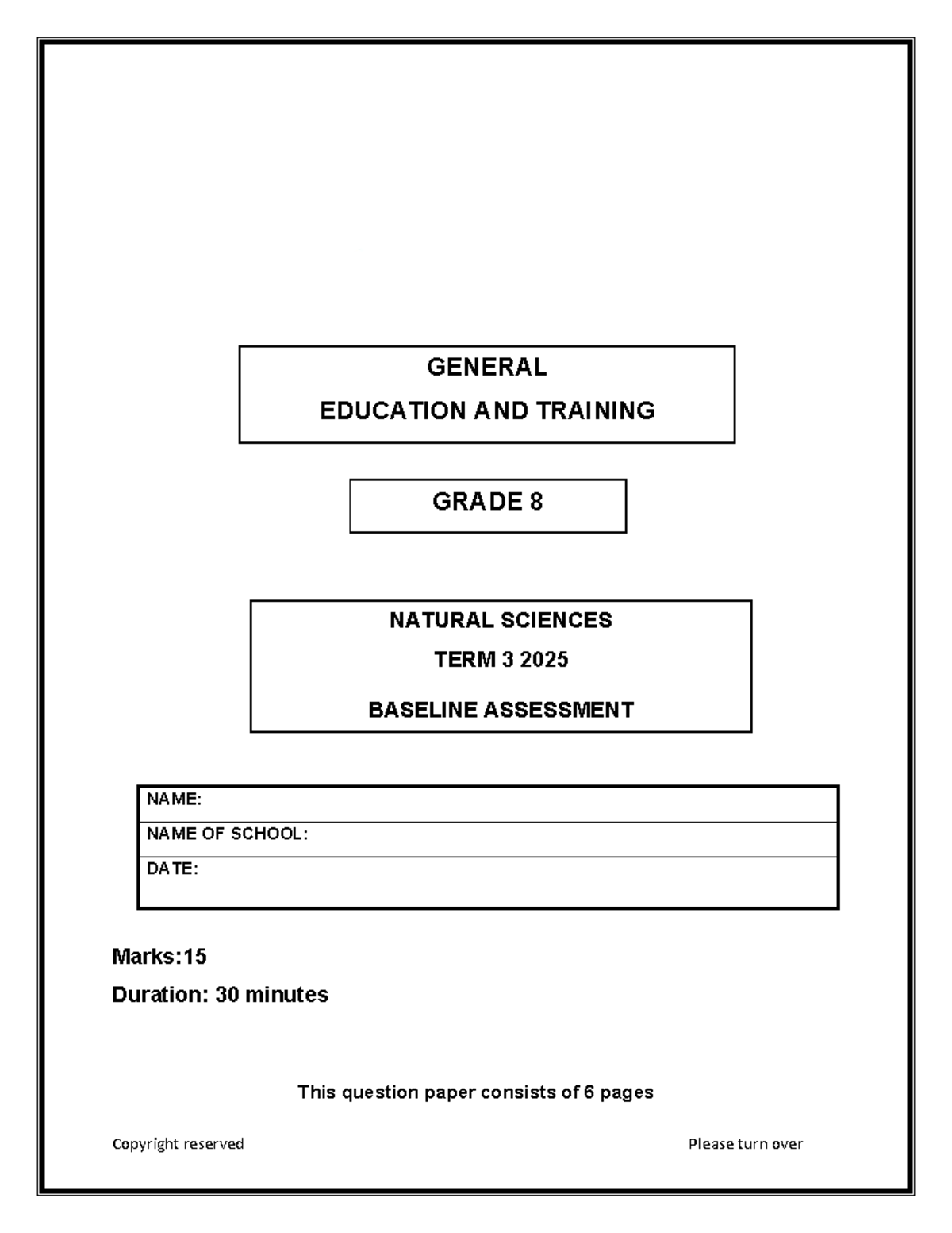 Grade 8 NATURAL SCIENCES Term 3 Baseline Assessment 2025 - Studocu