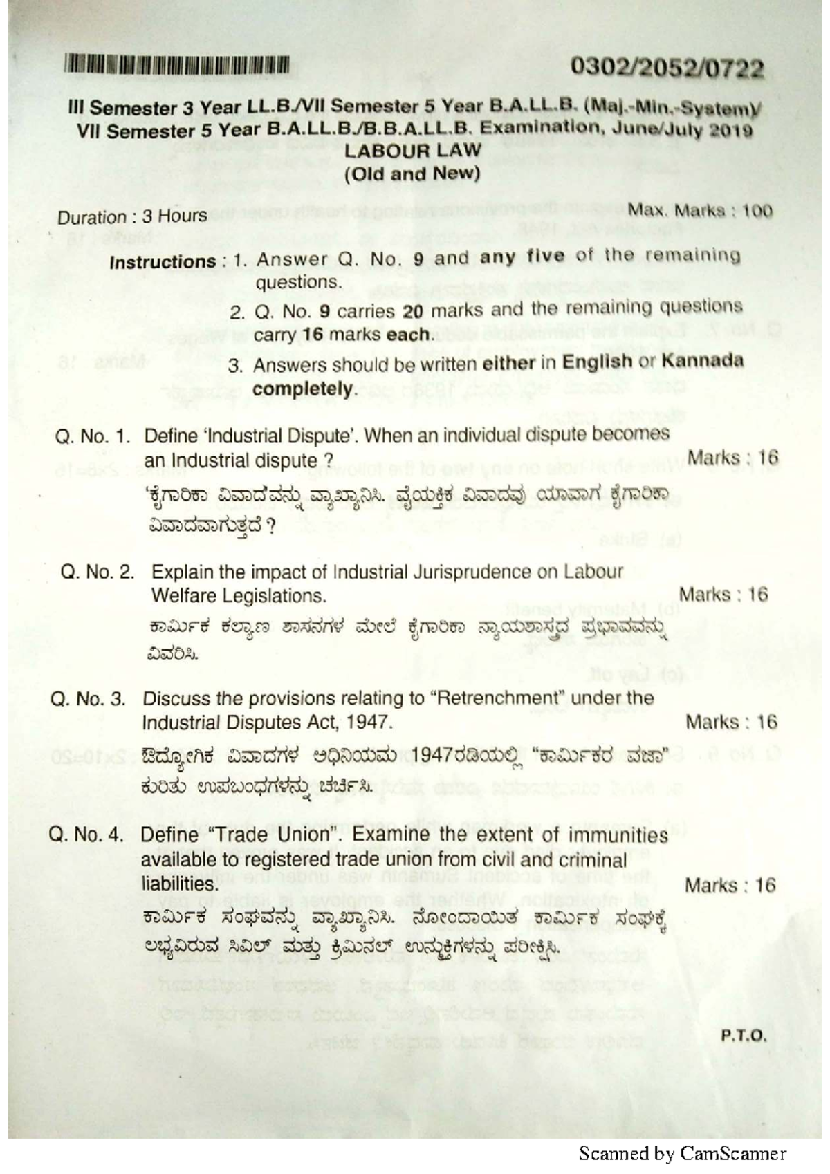 Labour Law Exam Paper (B.A.LL.B. VII Sem) - June 2019 - Studocu