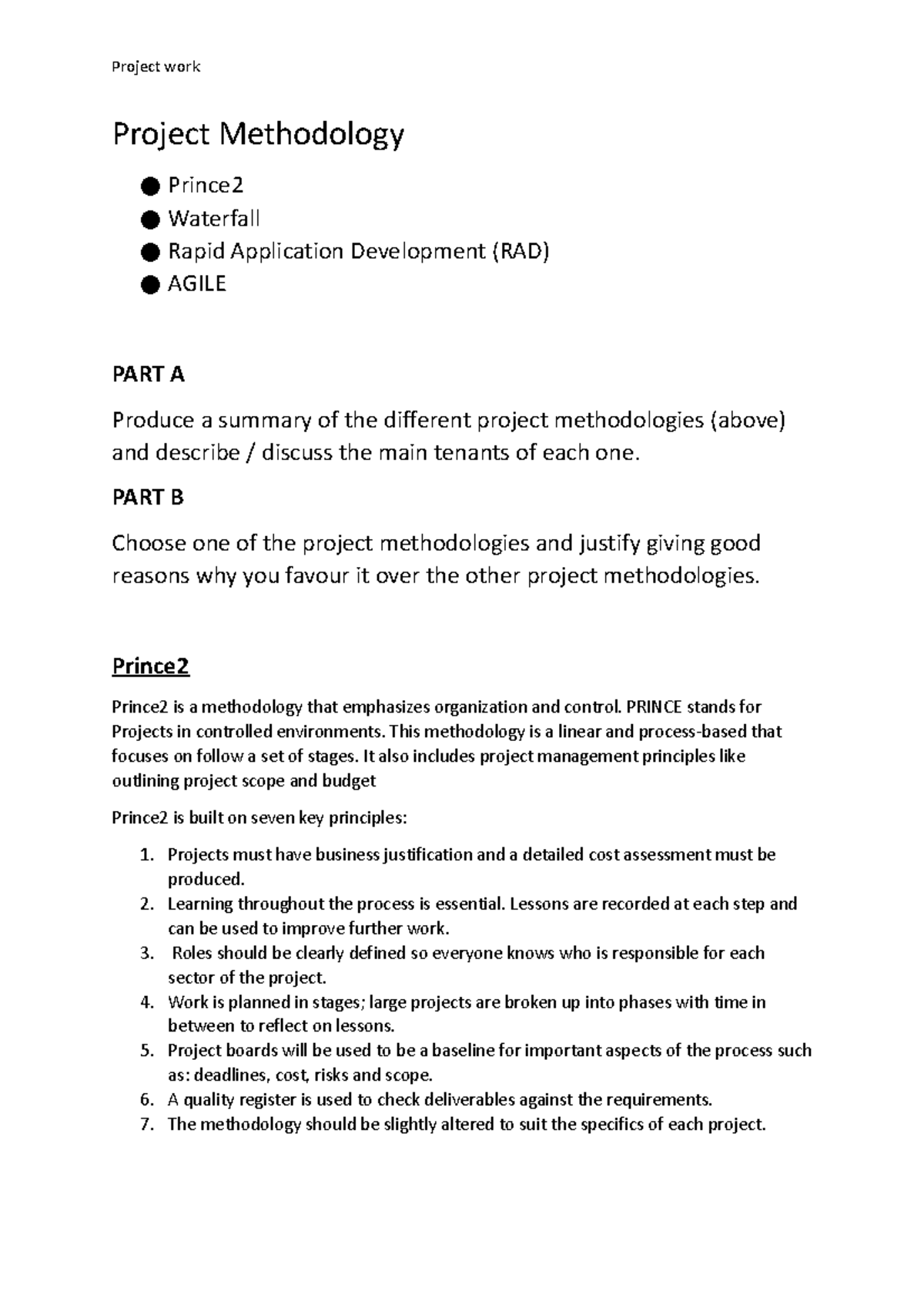 Project Methodology Overview: PRINCE, Waterfall, RAD, and AGILE - Studocu