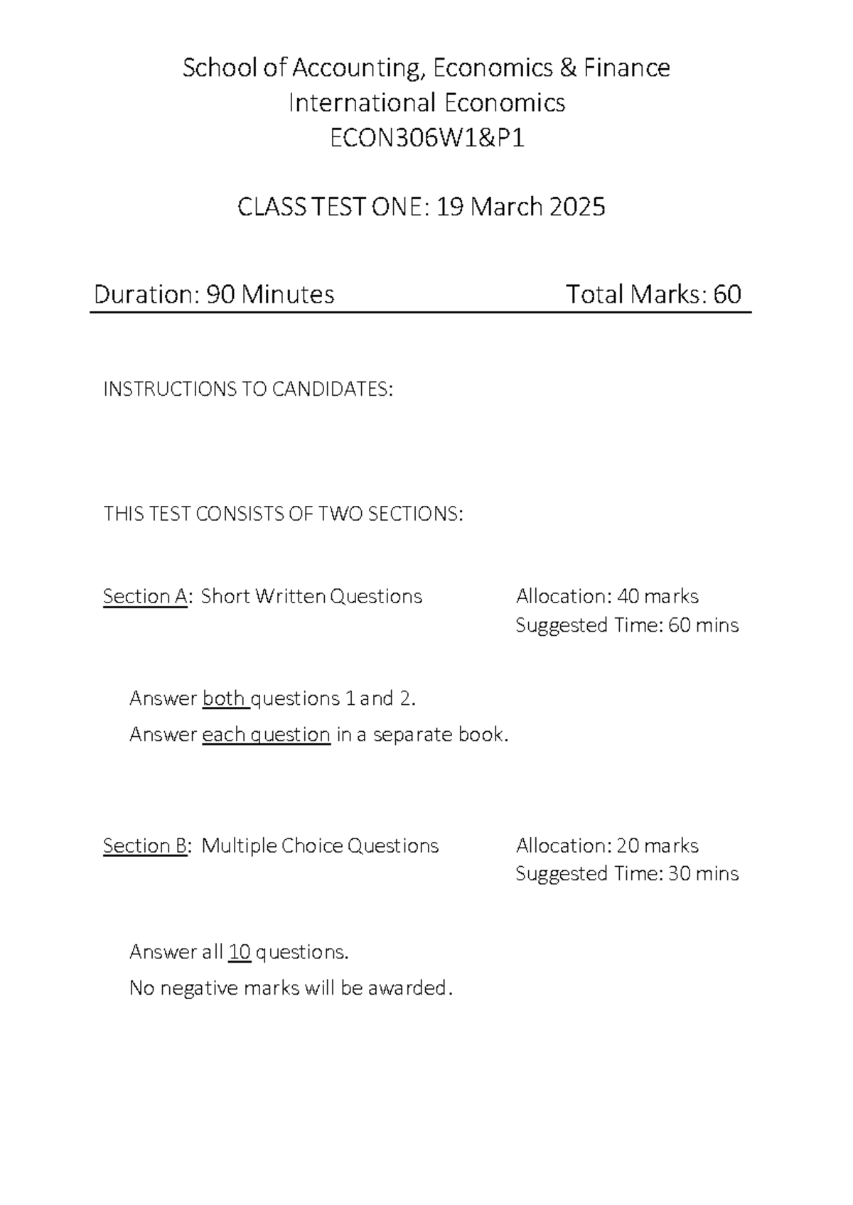 ECON 306: International Economics Class Test 1 - March 19, 2025 - Studocu