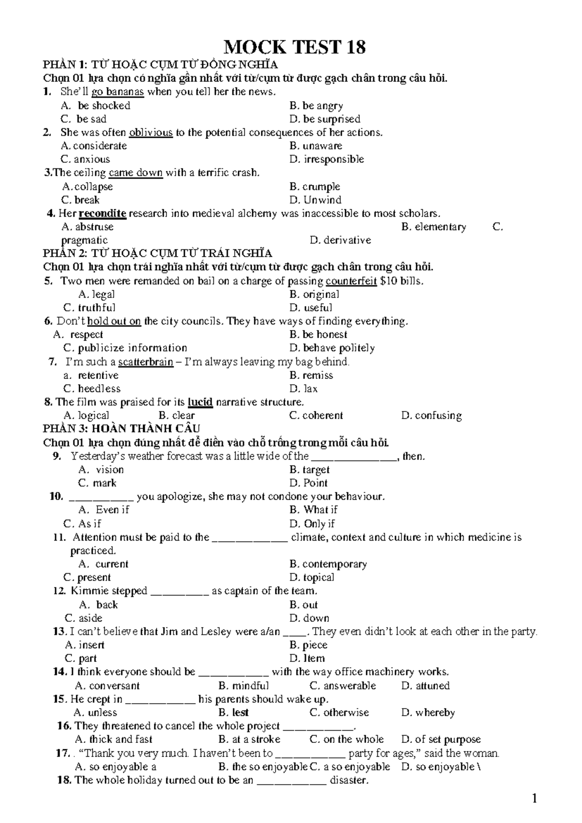 MOCK TEST 18 - Vocabulary and Grammar Practice Questions - Studocu