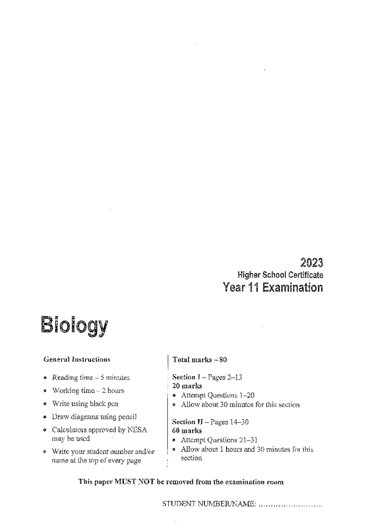 2023 HSC Year 11 Biology Exam Instructions and Questions - Studocu