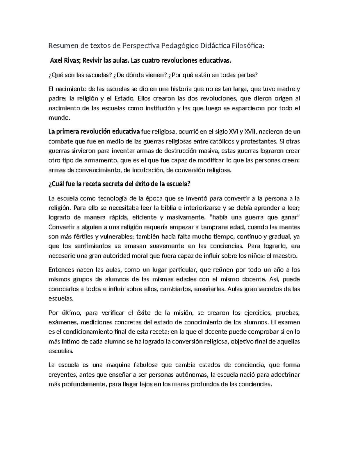 Resumen del Texto: Revoluciones Educativas de Axel Rivas - Studocu