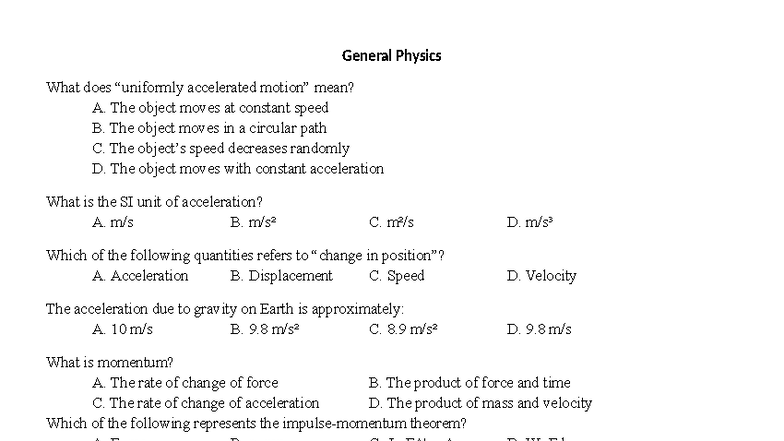 General Physics (PH101) Reviewer: Key Concepts & Questions - Studocu
