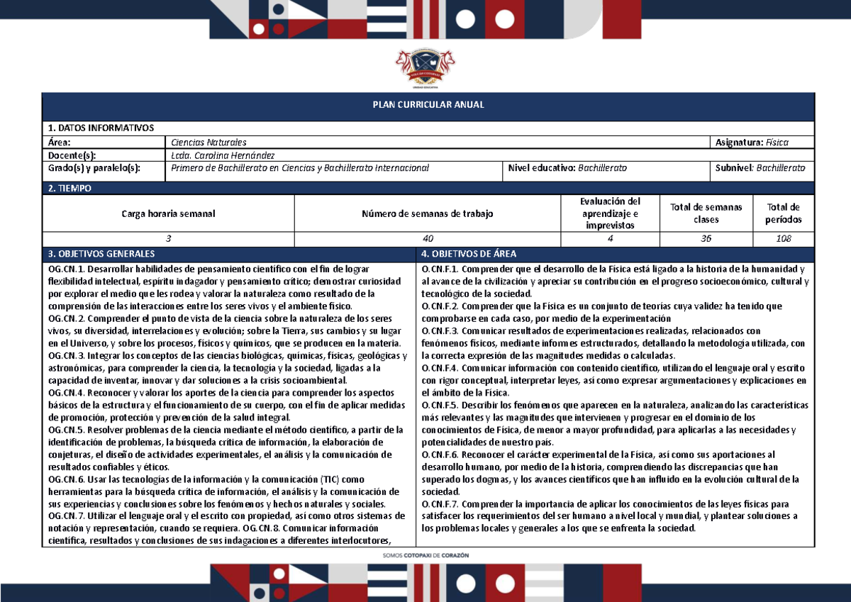 PCA 2025-2026: Plan Anual de Física para 1ro de Bachillerato - Document Preview