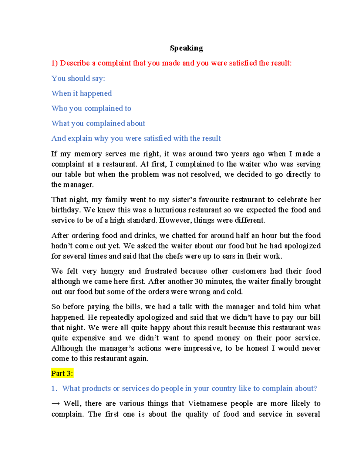 Part 2 - IELTS Speaking: Complaints and Experiences - Studocu