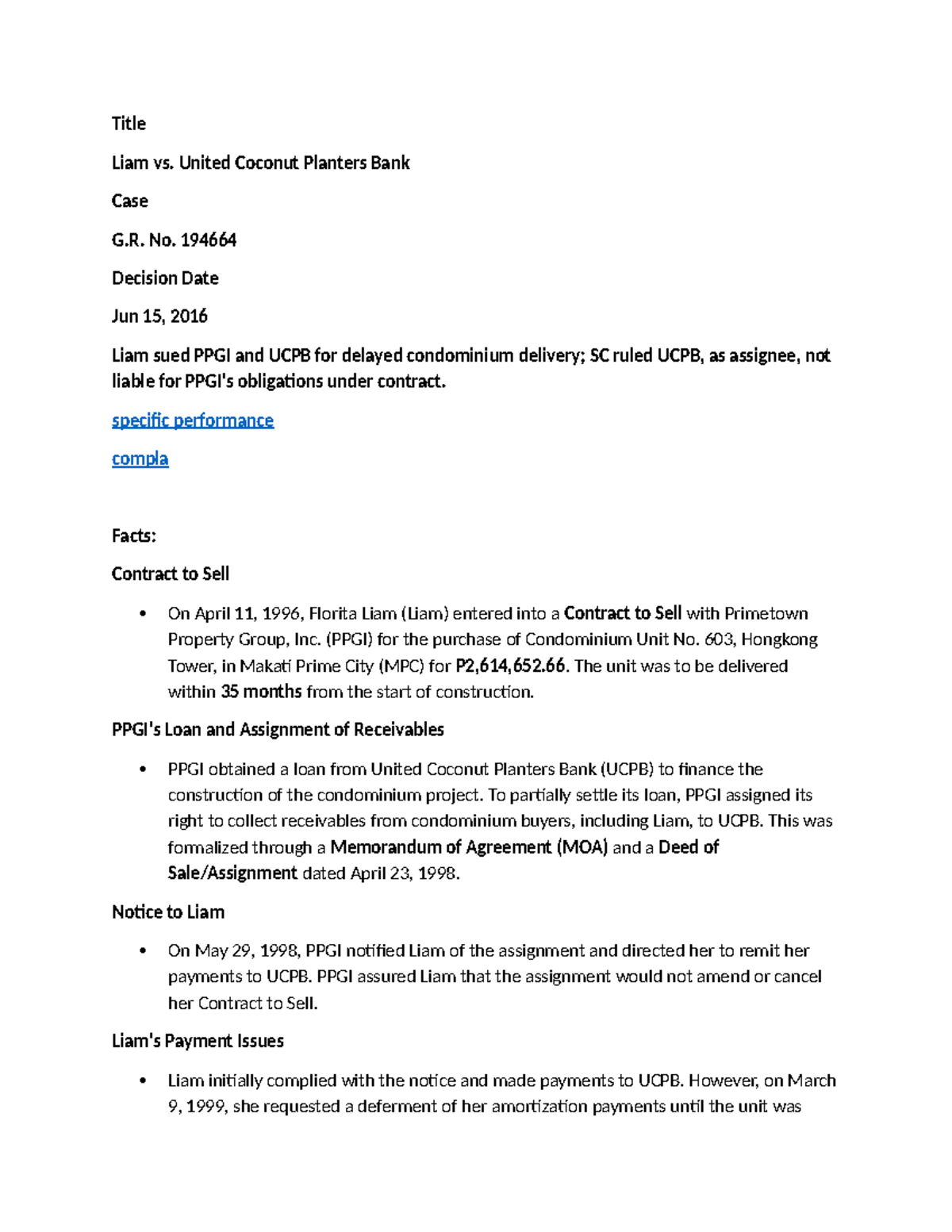 Liam vs. UCPB Case Digest (G.R. No. 194664) - Specific Performance ...