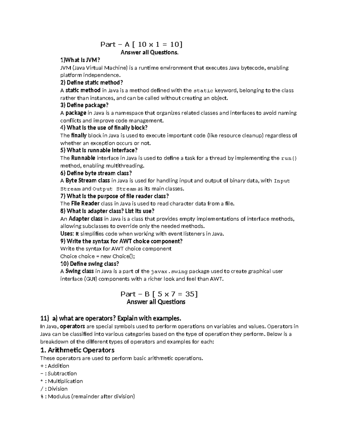 Java Assignment - Part A & B Questions and Answers - Studocu