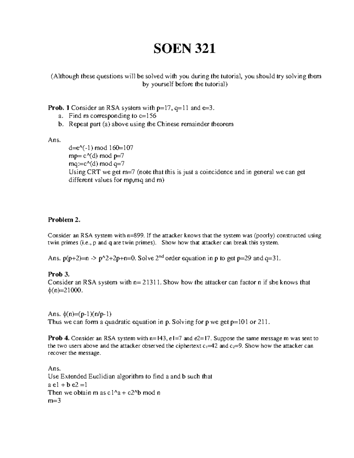 SOEN 321 Exercise 2 Solutions - RSA Problems and Practice - Studocu