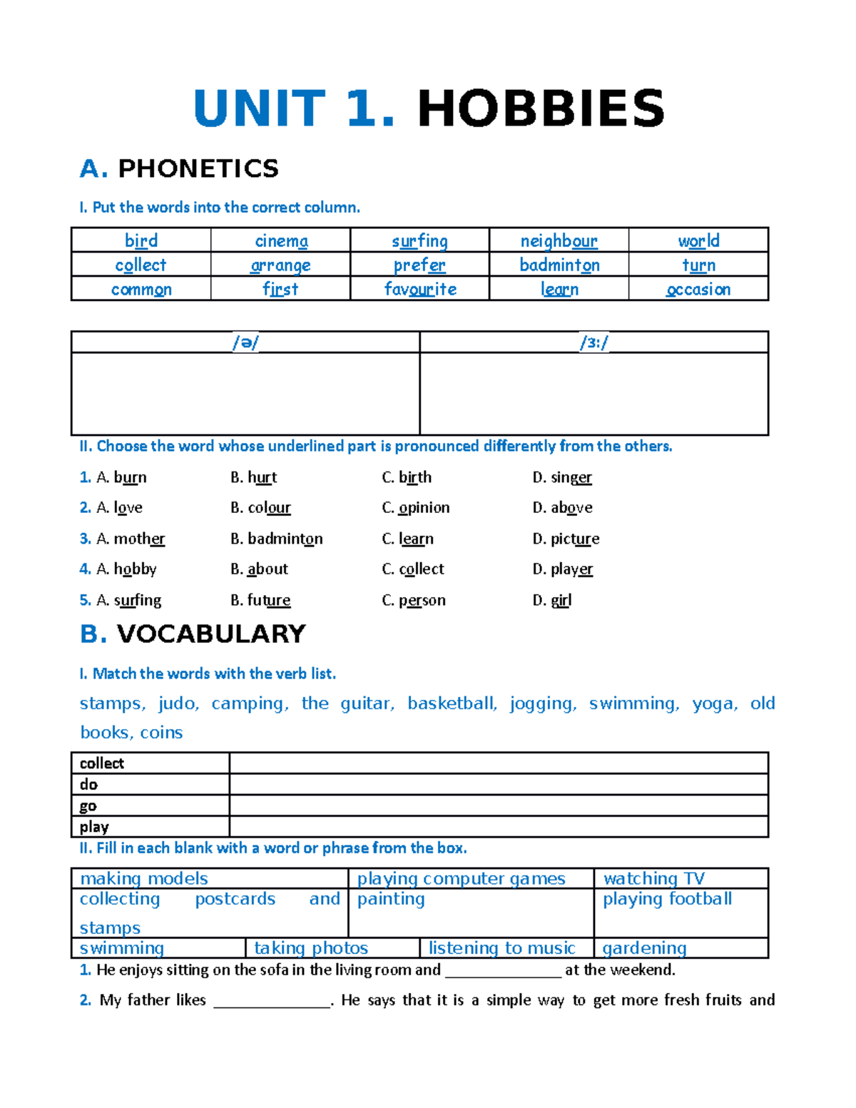Bài tập bổ trợ Anh 7 Global: Unit 1 - Hobbies Key Answers - Studocu