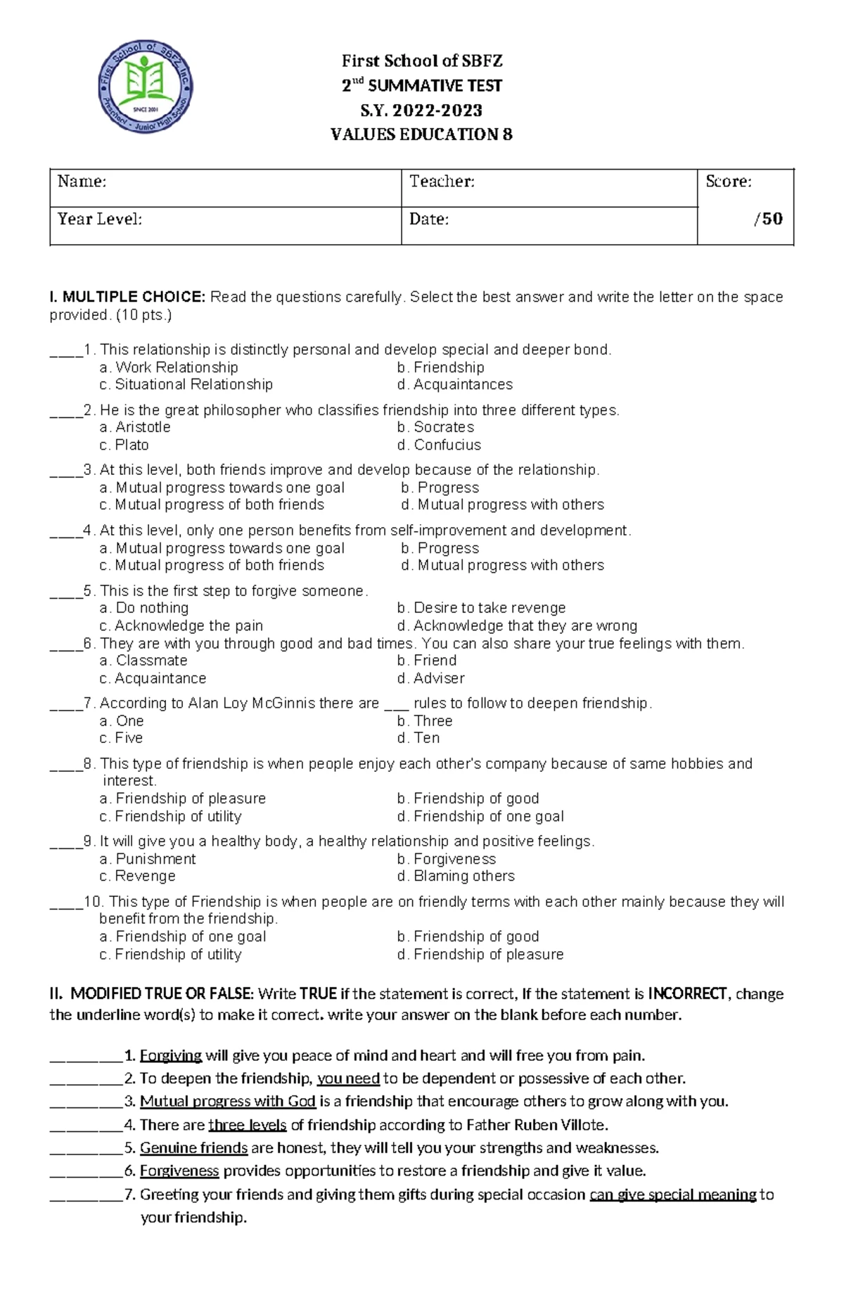 TLE 7 - Values Education Practice Exam for 1st Quarter S.Y. 2022 - Studocu