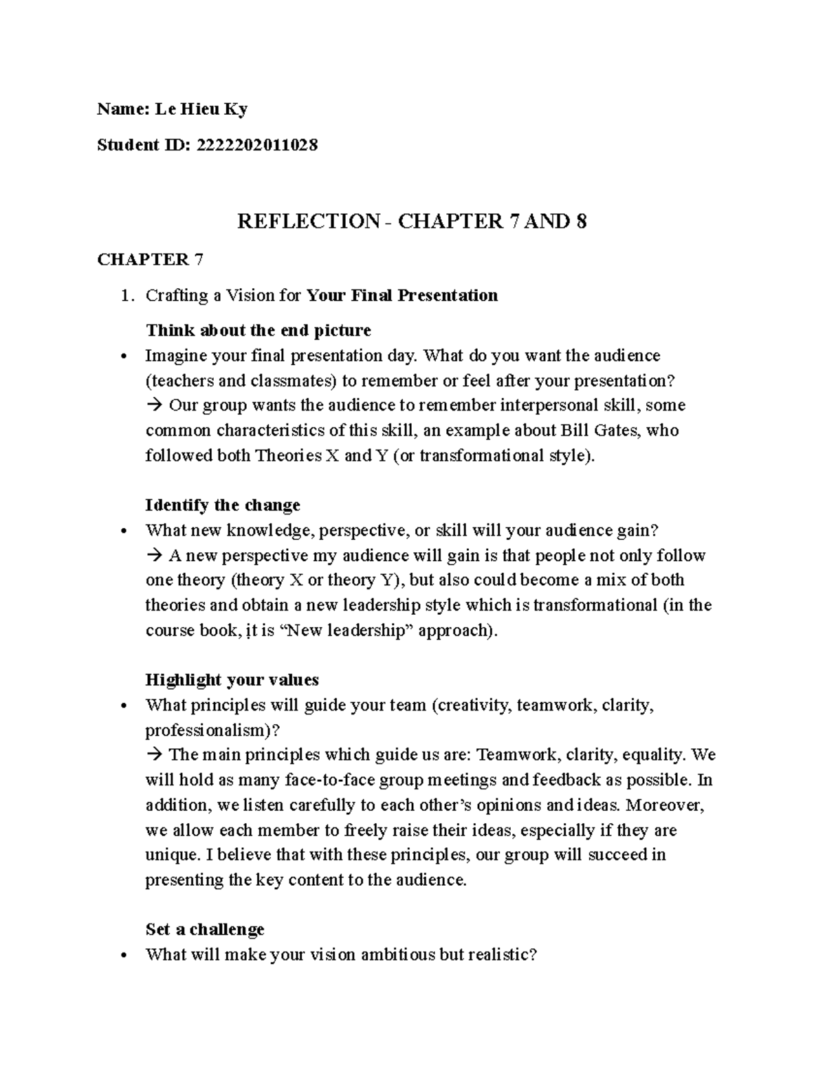 Reflection on Chapters 7 & 8: Crafting a Vision for Presentation - Studocu