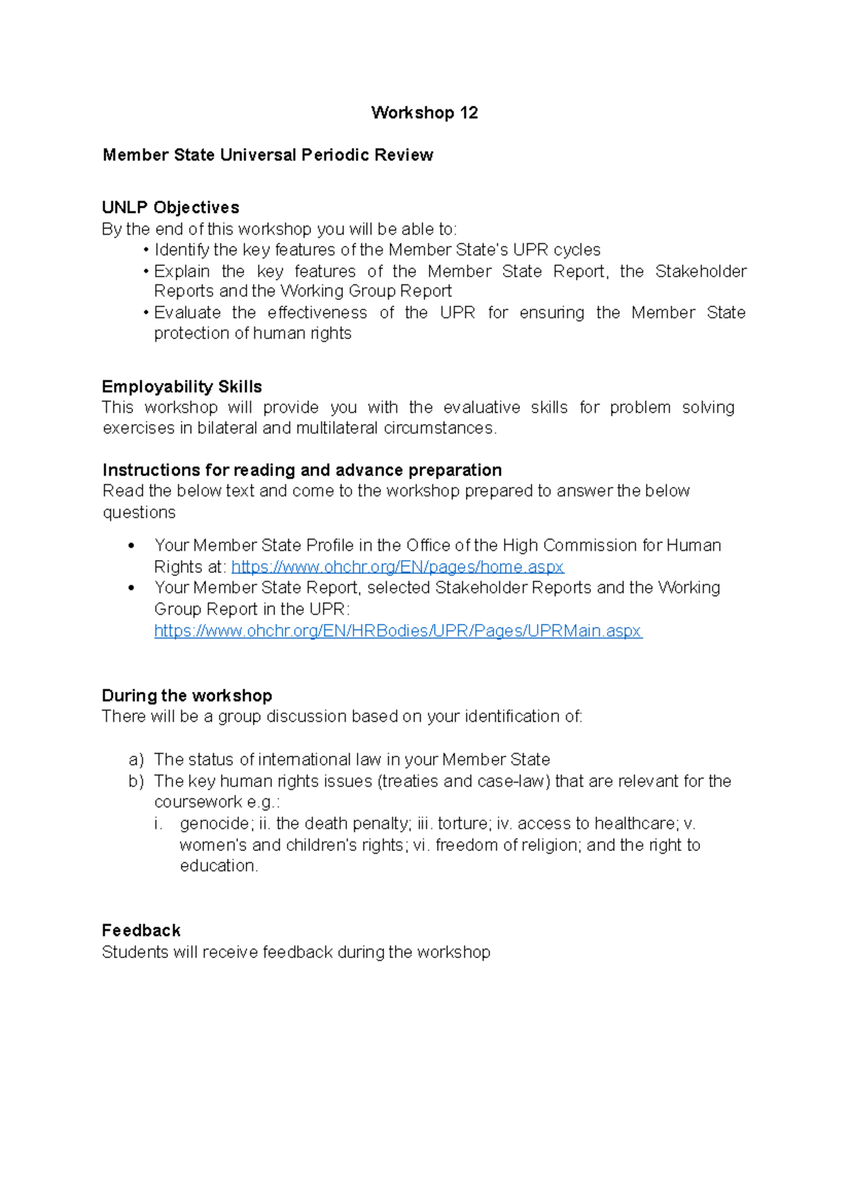 Workshop 12: UPR & Member State Human Rights Evaluation - Studocu