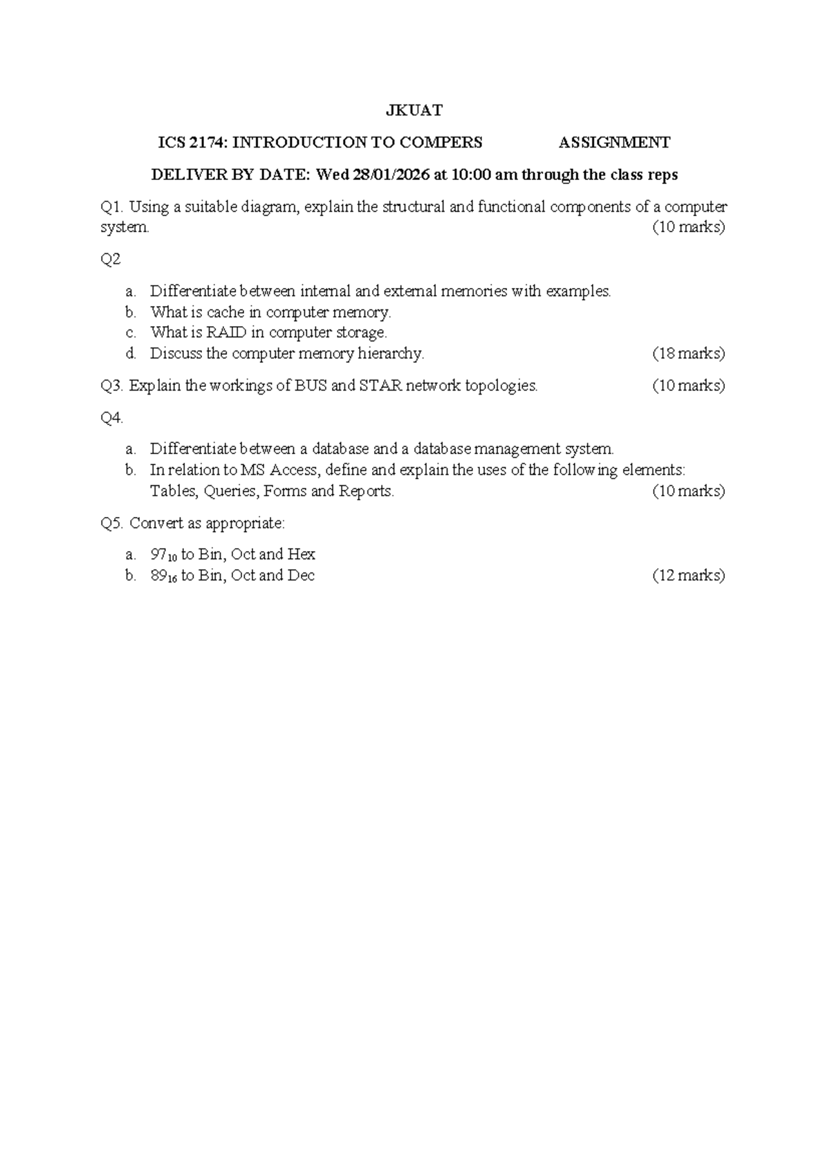 JKUAT ICS 2174: INTRODUCTION TO COMPUTERS ASSIGNMENT JAN 2026 - Studocu