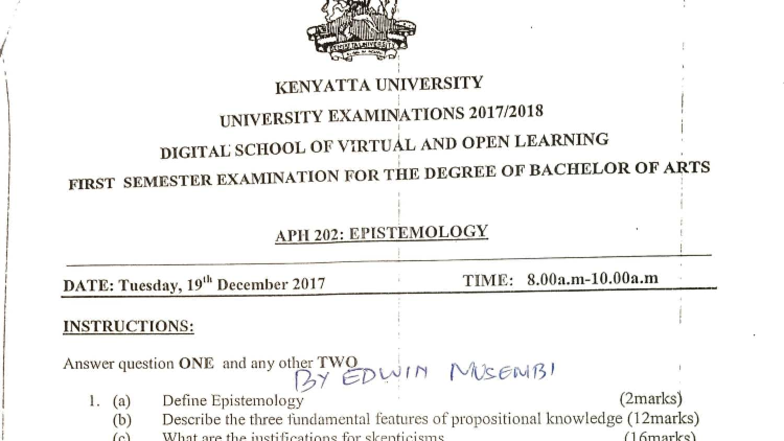 APH 202: Epistemology Final Exam Papers by Musembi - Studocu