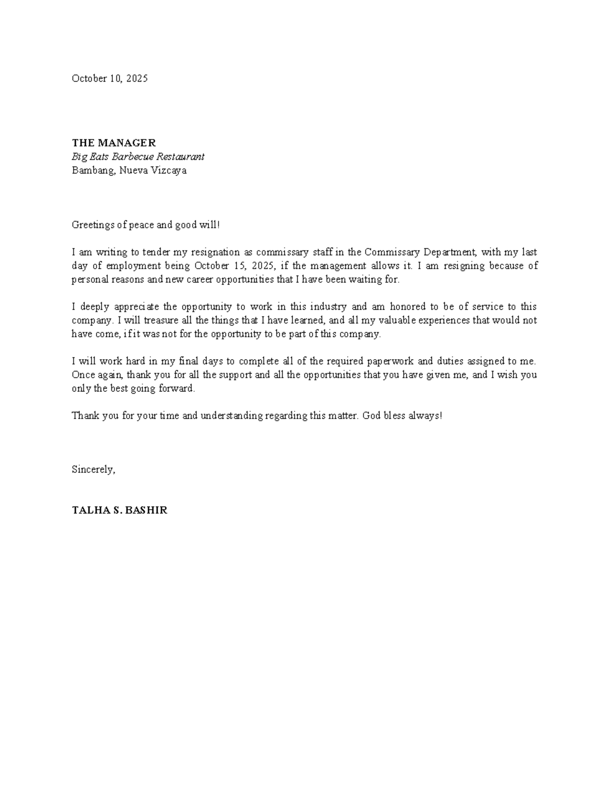 Resignation Letter Sample - Talha S. Bashir - Studocu
