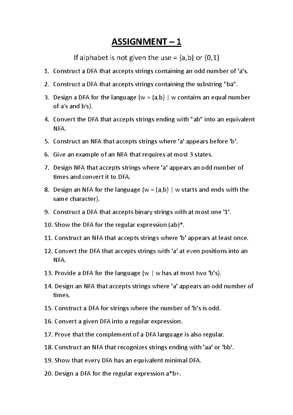 Assignment-1 TOC - bnb - ASSIGNMENT – 1 If alphabet is not given the ...