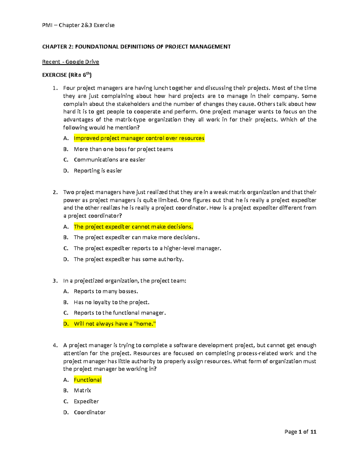 PMI - C2 Chapter 2 Questions Review and Exercise Insights - Studocu