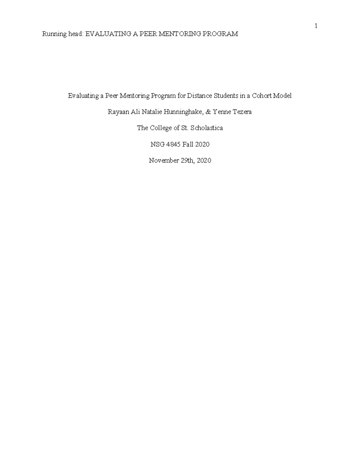 Evaluating a Peer Mentoring Program for Nursing Students (NSG 4845 ...