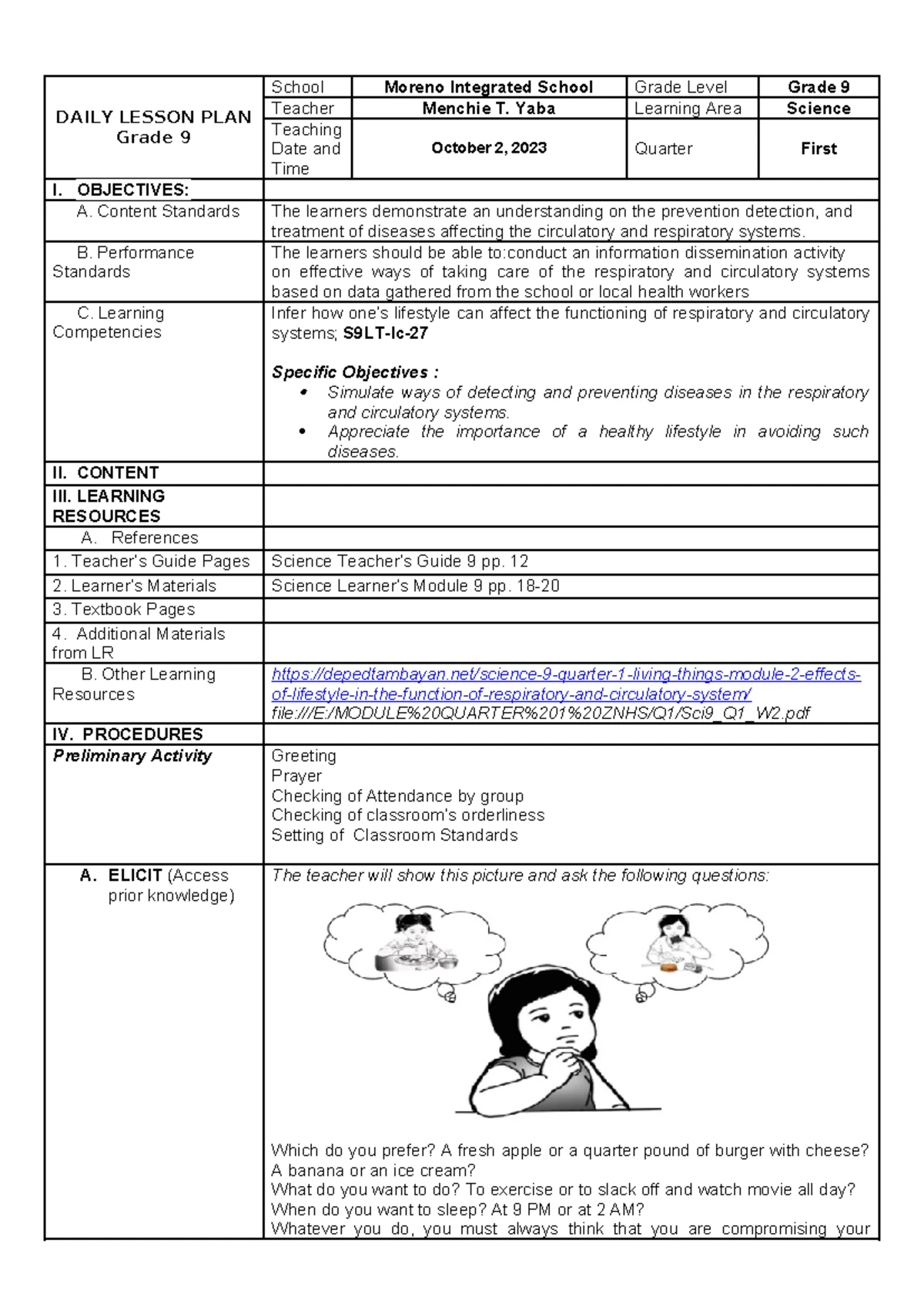 DLP Q1 W2 - Grade 9 Science Lesson Plan on Blood Circulation Systems ...