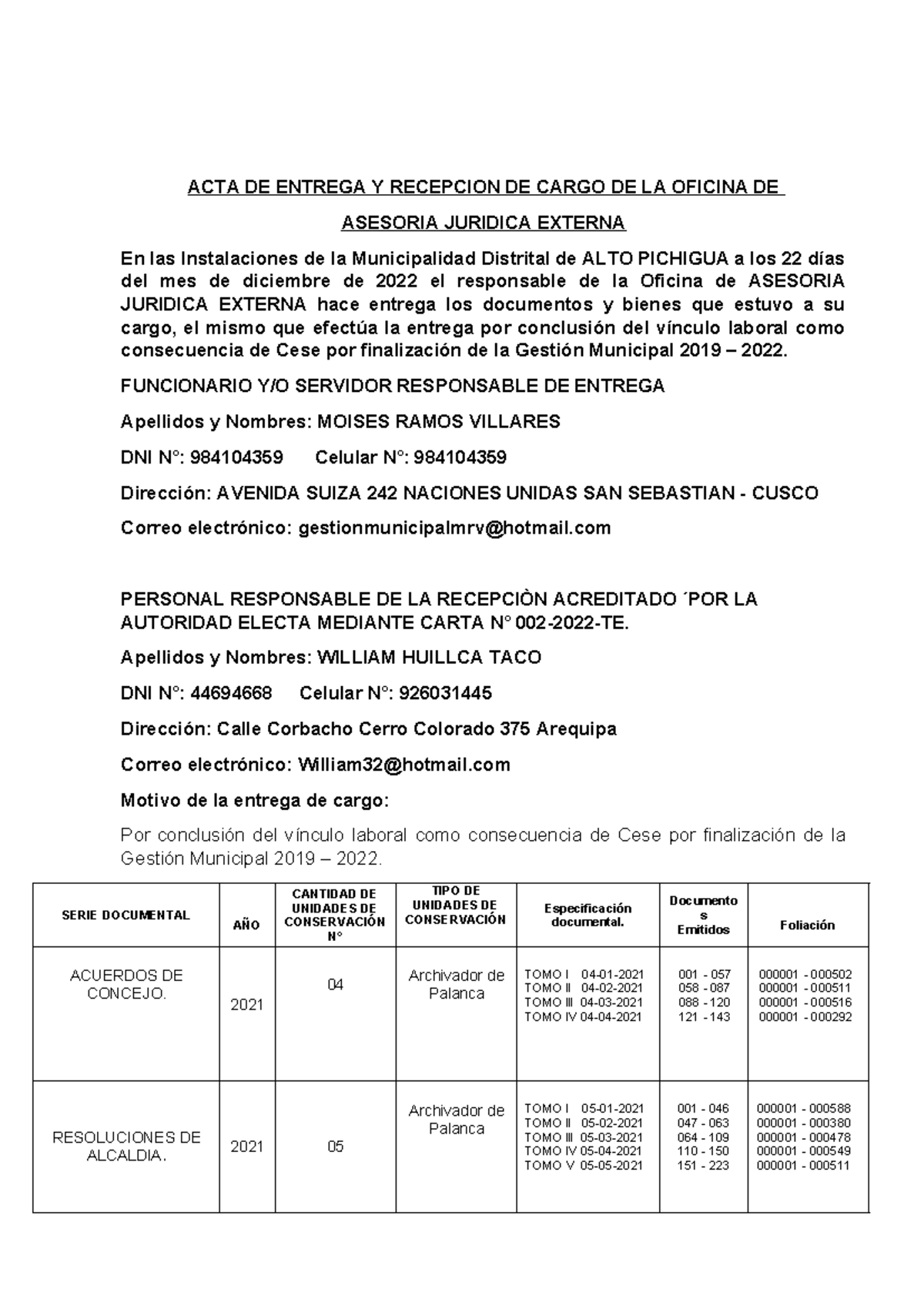 ACTA DE ENTREGA Y RECEPCIÓN DE CARGO - MUNICIPALIDAD ALTO PICHIGUA - Document Preview