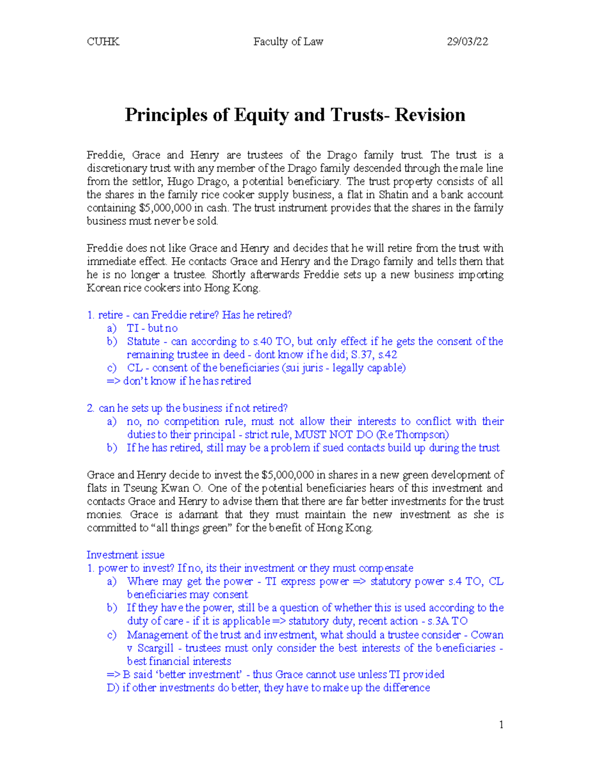 CUHK LAW Seminar 13: Principles of Equity & Trusts Revision Qs - Studocu