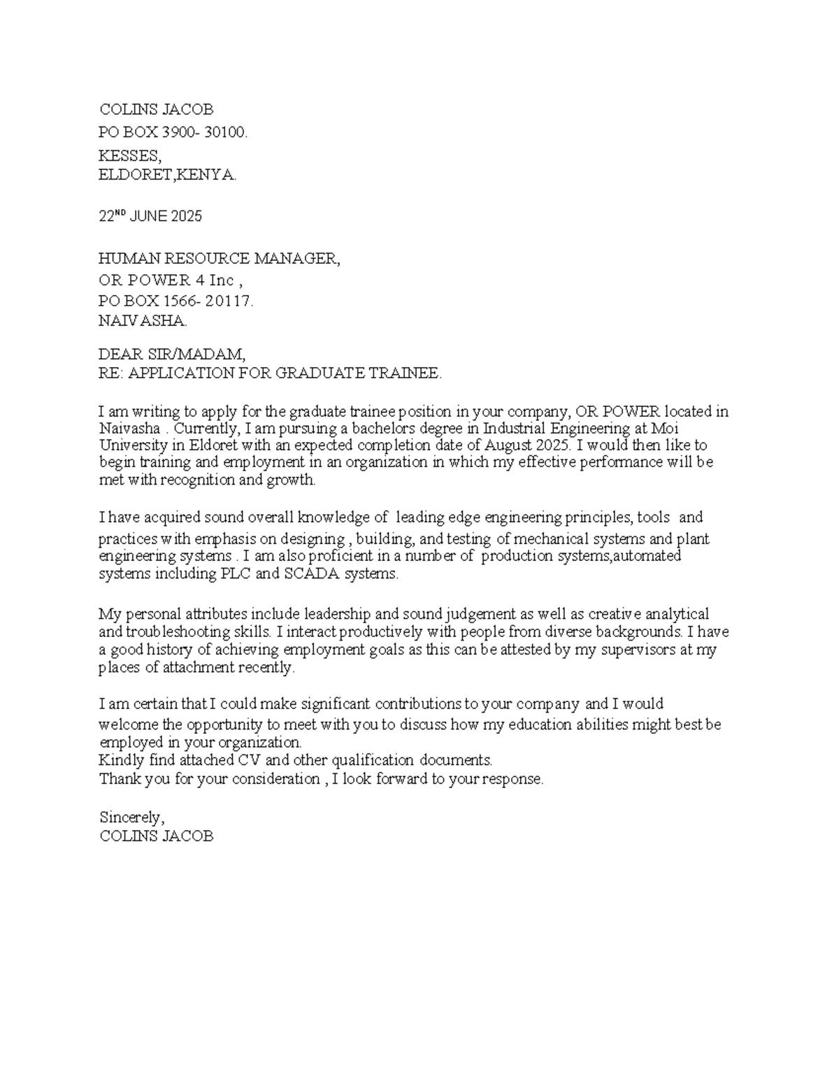Application for Graduate Trainee Position - Colins Jacob - Studocu